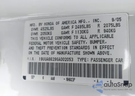 2006 Acura Tl from USA, damaged, VIN 19UUA66296A002053